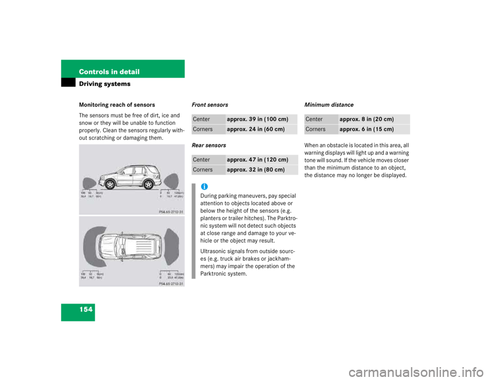 MERCEDES-BENZ ML320 1997 Complete Repair Manual 154 Controls in detailDriving systemsMonitoring reach of sensors
The sensors must be free of dirt, ice and
snow or they will be unable to function
properly. Clean the sensors regularly with-
out scr MERCEDES-BENZ ML320 1997 Complete Repair Manual 154 Controls in detailDriving systemsMonitoring reach of sensors
The sensors must be free of dirt, ice and
snow or they will be unable to function
properly. Clean the sensors regularly with-
out scr