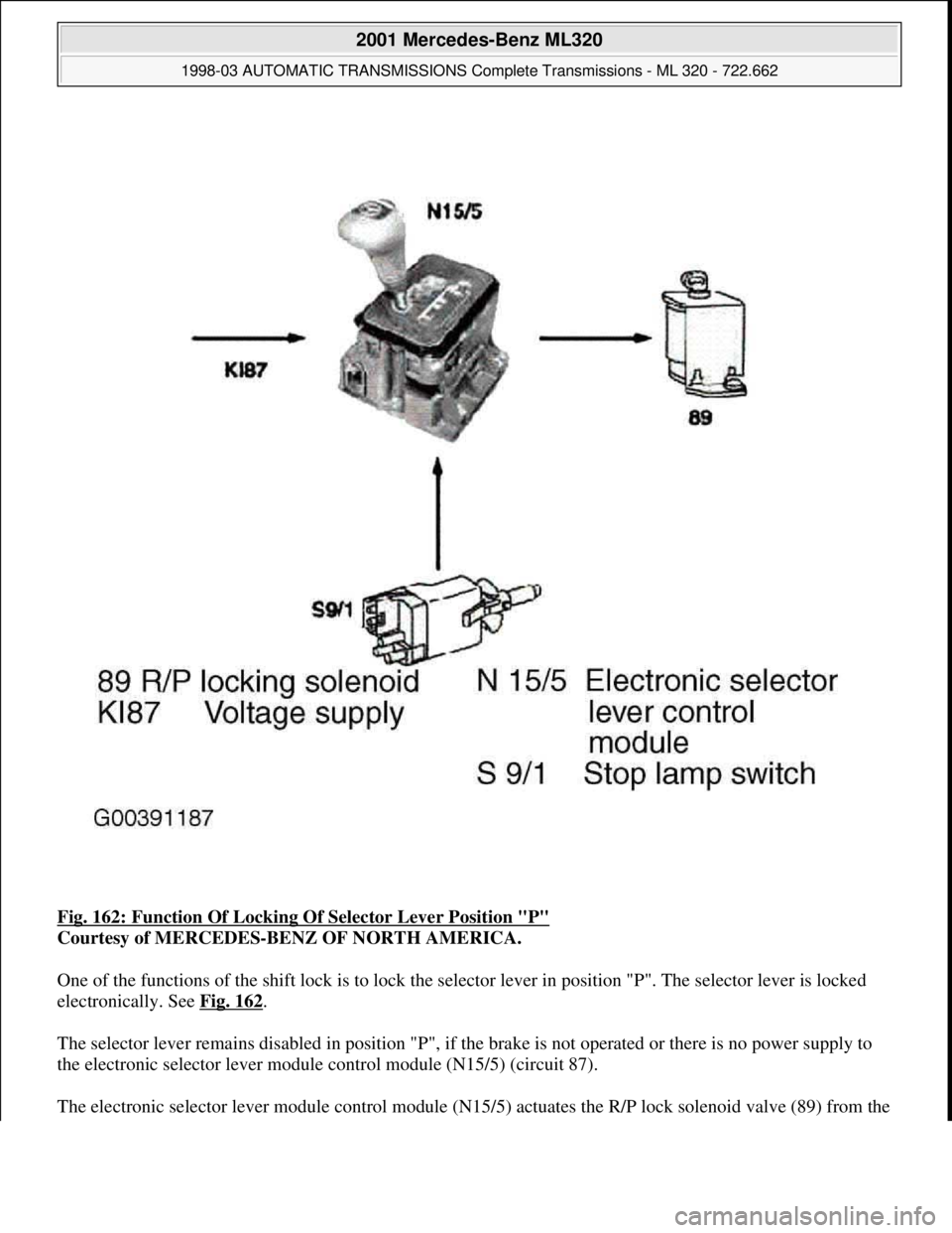 MERCEDES-BENZ ML350 1997  Complete Repair Manual Fig. 162: Function Of Locking Of Selector Lever Position "P" 
Courtesy of MERCEDES-BENZ OF NORTH AMERICA. 
One of the functions of the shift lock is to lock the selector lever in position "P". The sel
