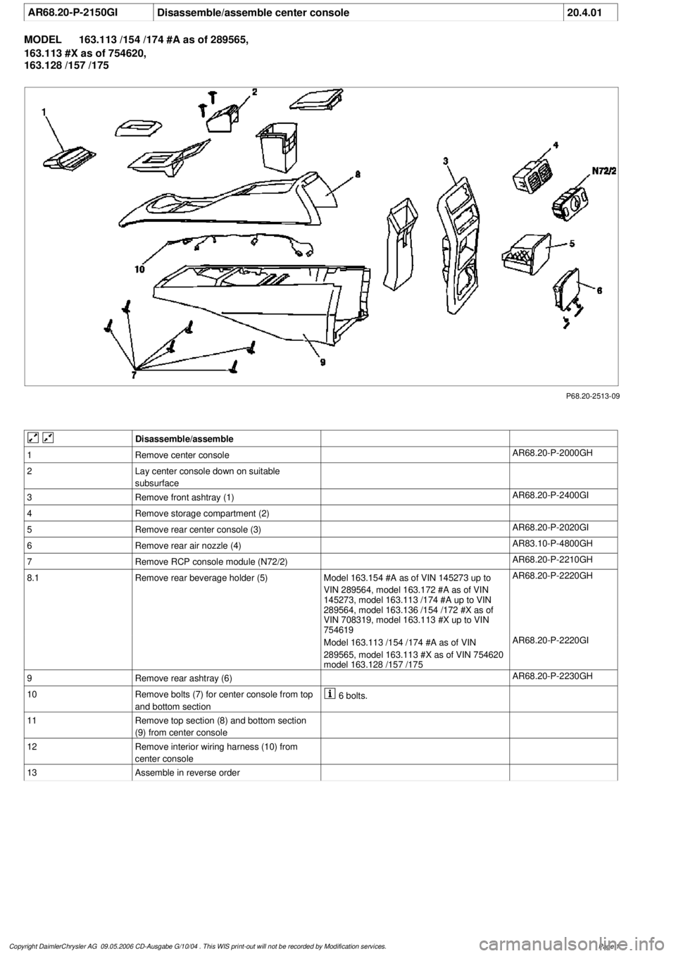 MERCEDES-BENZ ML350 1997 Complete Repair Manual
AR68.20-P-2150GI
Disassemble/assemble center console
20.4.01
MODEL
163.113 /154 /174 #A as of 289565,
163.113 #X as of 754620,
163.128 /157 /175
P68.20-2513-09
Disassemble/assemble
1
Remov MERCEDES-BENZ ML350 1997 Complete Repair Manual
AR68.20-P-2150GI
Disassemble/assemble center console
20.4.01
MODEL
163.113 /154 /174 #A as of 289565,
163.113 #X as of 754620,
163.128 /157 /175
P68.20-2513-09
Disassemble/assemble
1
Remov