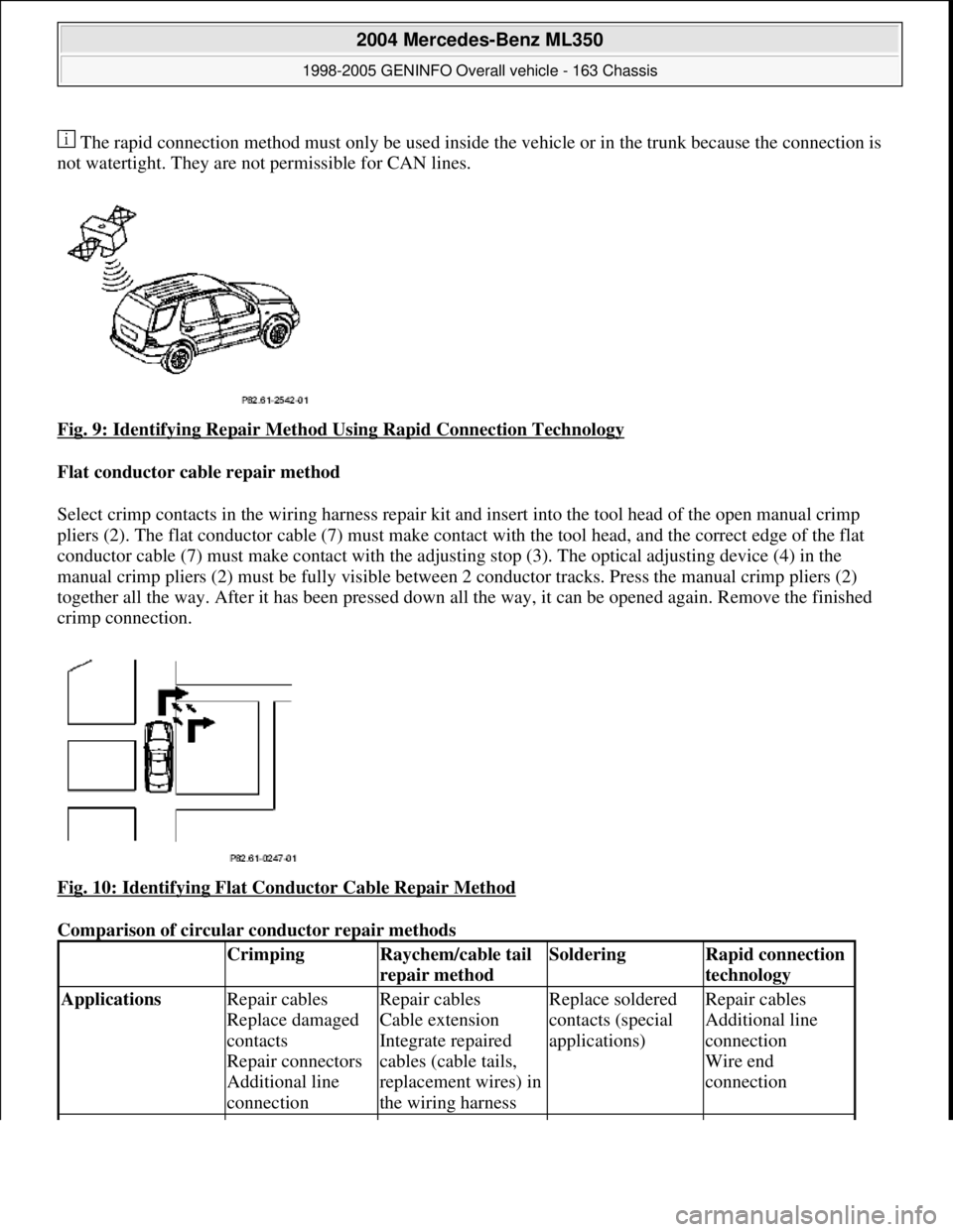 MERCEDES-BENZ ML350 1997 Complete Repair Manual The rapid connection method must only be used inside the vehicle or in the trunk because the connection is
not watertight. They are not permissible for CAN lines.
Fig. 9: Identifying Repair Me MERCEDES-BENZ ML350 1997 Complete Repair Manual The rapid connection method must only be used inside the vehicle or in the trunk because the connection is
not watertight. They are not permissible for CAN lines.
Fig. 9: Identifying Repair Me