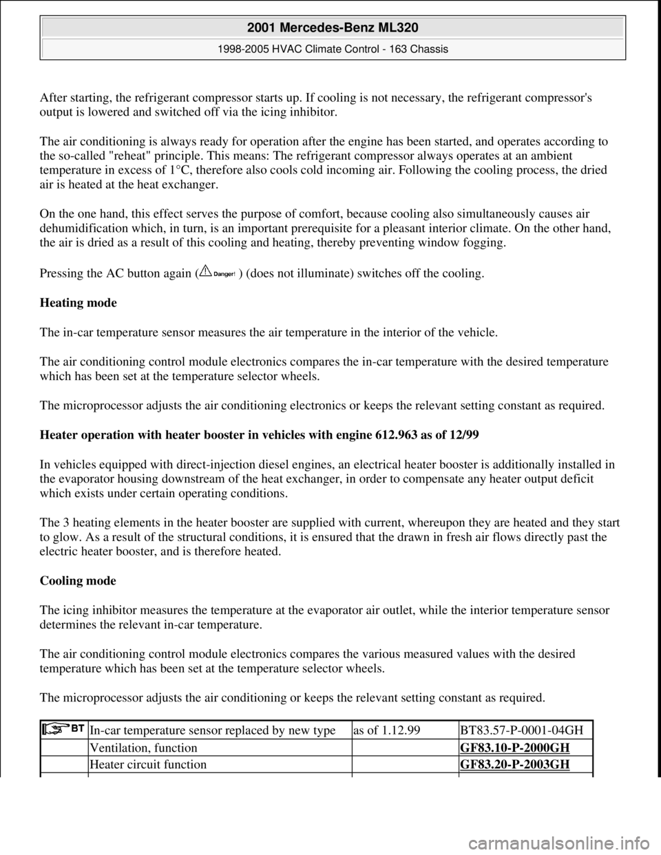 MERCEDES-BENZ ML350 1997  Complete Repair Manual After starting, the refrigerant compressor starts up. If cooling is not necessary, the refrigerant compressors 
output is lowered and switched off via the icing inhibitor. 
The air conditioning is al