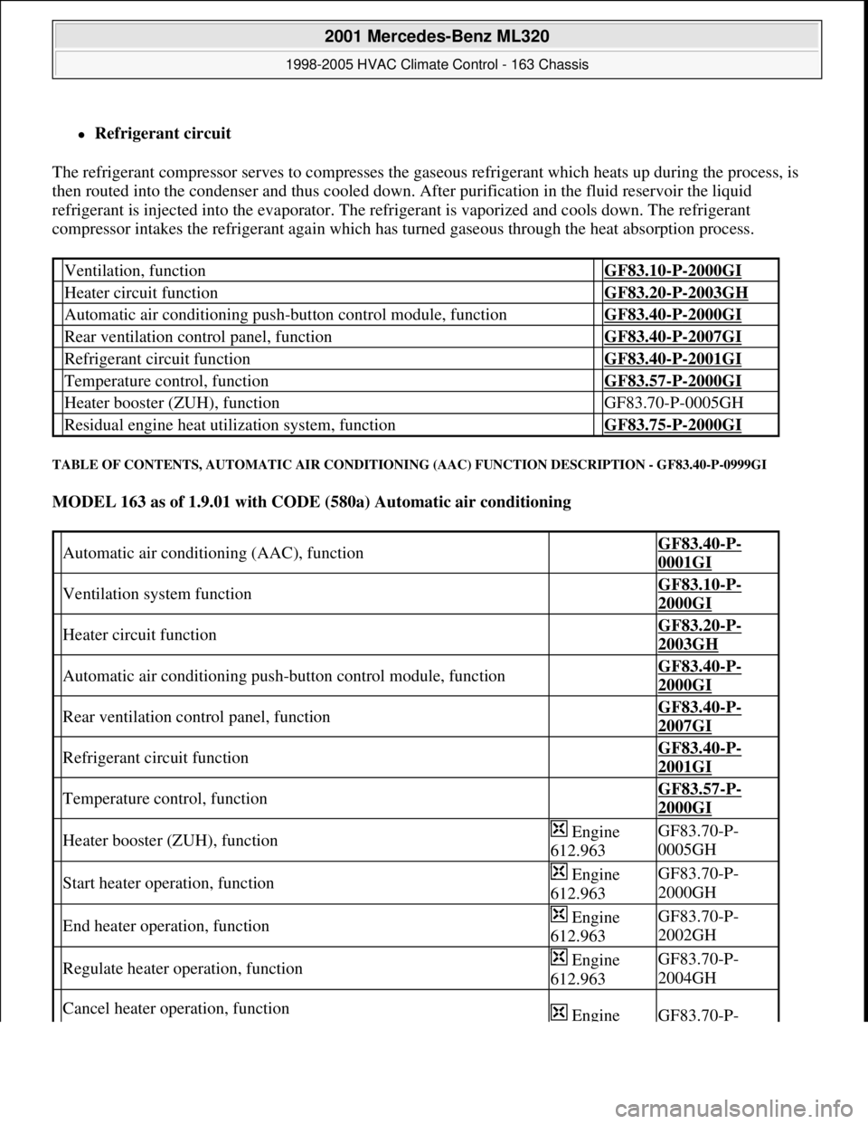 MERCEDES-BENZ ML350 1997 Complete Repair Manual Refrigerant circuit
The refrigerant compressor serves to compresses the gaseous refrigerant which heats up during the process, is
then routed into the condenser and thus cooled down. After purif MERCEDES-BENZ ML350 1997 Complete Repair Manual Refrigerant circuit
The refrigerant compressor serves to compresses the gaseous refrigerant which heats up during the process, is
then routed into the condenser and thus cooled down. After purif