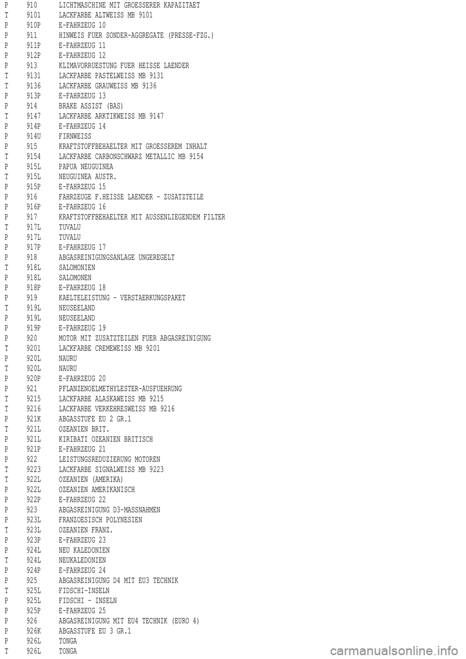 MERCEDES-BENZ ML350 1997  Complete Repair Manual P 910 LICHTMASCHINE MIT GROESSERER KAPAZITAET
T 9101 LACKFARBE ALTWEISS MB 9101
P 910P E-FAHRZEUG 10
P 911 HINWEIS FUER SONDER-AGGREGATE (PRESSE-FZG.)
P 911P E-FAHRZEUG 11
P 912P E-FAHRZEUG 12
P 913 K