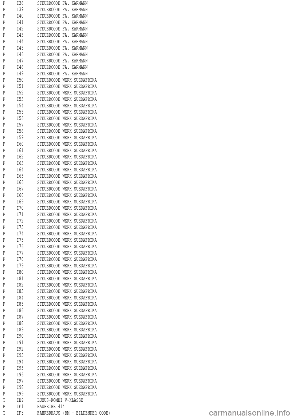 MERCEDES-BENZ ML350 1997  Complete Repair Manual P I38 STEUERCODE FA. KARMANN
P I39 STEUERCODE FA. KARMANN
P I40 STEUERCODE FA. KARMANN
P I41 STEUERCODE FA. KARMANN
P I42 STEUERCODE FA. KARMANN
P I43 STEUERCODE FA. KARMANN
P I44 STEUERCODE FA. KARMA