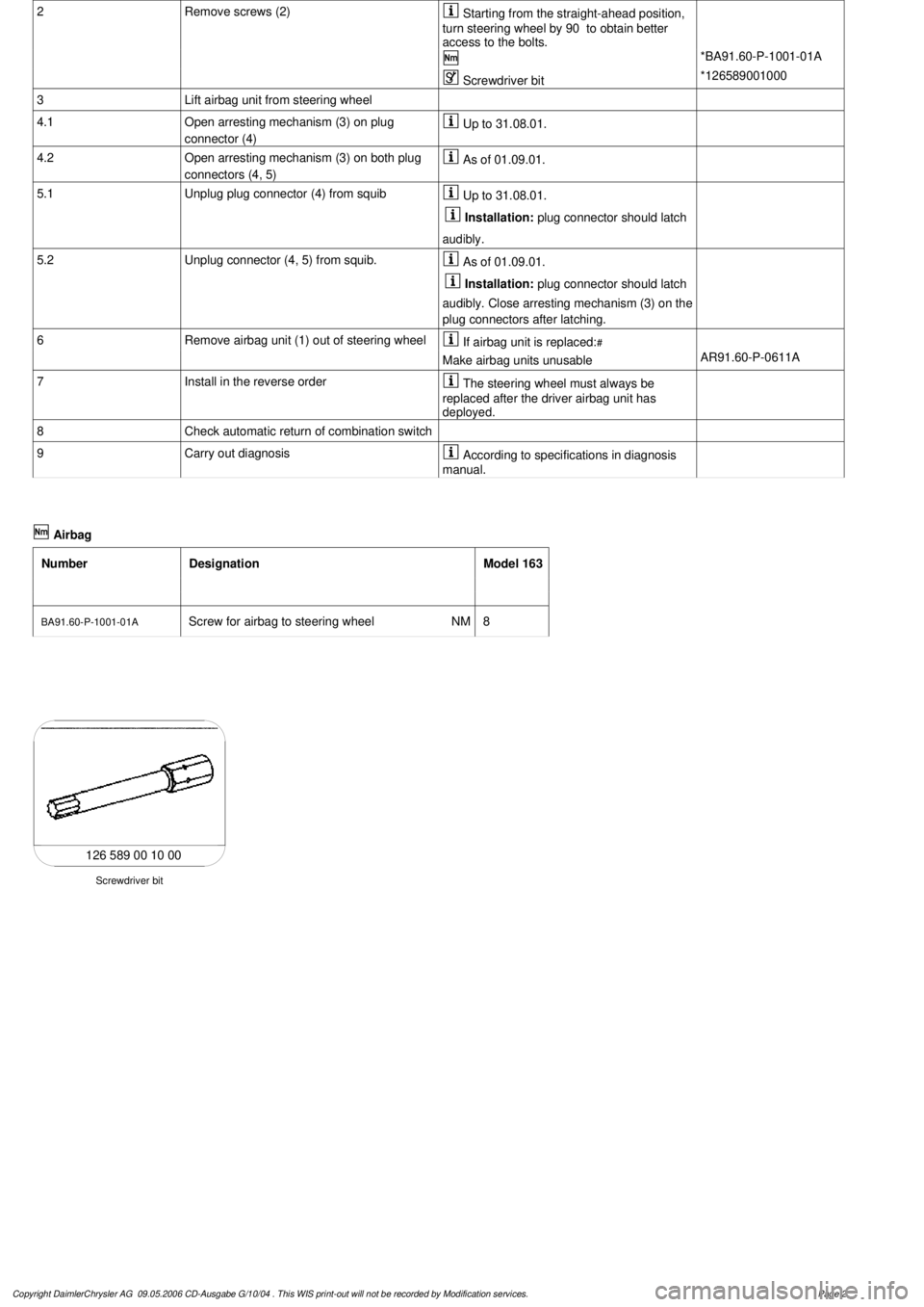 MERCEDES-BENZ ML350 1997 Complete Repair Manual 2
Remove screws (2)
Starting from the straight-ahead position,
turn steering wheel by 90 to obtain better
access to the bolts.
*BA91.60-P-1001-01A
Screwdriver bit
*126589001000
3
Lift MERCEDES-BENZ ML350 1997 Complete Repair Manual 2
Remove screws (2)
Starting from the straight-ahead position,
turn steering wheel by 90 to obtain better
access to the bolts.
*BA91.60-P-1001-01A
Screwdriver bit
*126589001000
3
Lift