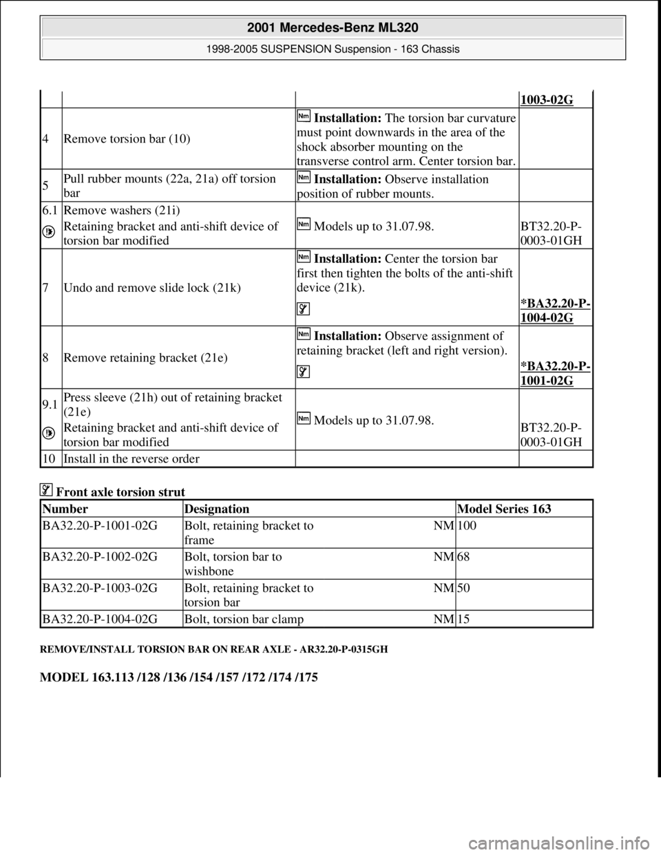 MERCEDES-BENZ ML350 1997 Complete Repair Manual Front axle torsion strut
REMOVE/INSTALL TORSION BAR ON REAR AXLE - AR32.20-P-0315GH
MODEL 163.113 /128 /136 /154 /157 /172 /174 /175
1003-02G
4Remove torsion bar (10)
Installation:The torsion bar MERCEDES-BENZ ML350 1997 Complete Repair Manual Front axle torsion strut
REMOVE/INSTALL TORSION BAR ON REAR AXLE - AR32.20-P-0315GH
MODEL 163.113 /128 /136 /154 /157 /172 /174 /175
1003-02G
4Remove torsion bar (10)
Installation:The torsion bar