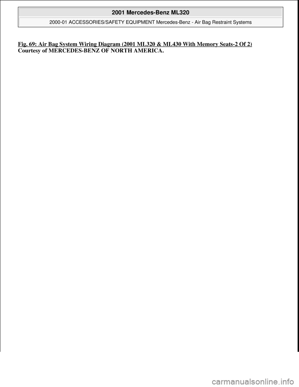 MERCEDES-BENZ ML350 1997  Complete Repair Manual Fig. 69: Air Bag System Wiring Diagram (2001 ML320 & ML430 With Memory Seats-2 Of 2)
Courtesy of MERCEDES-BENZ OF NORTH AMERICA.
 
2001 Mercedes-Benz ML320 
2000-01 ACCESSORIES/SAFETY EQUIPMENT Merc e