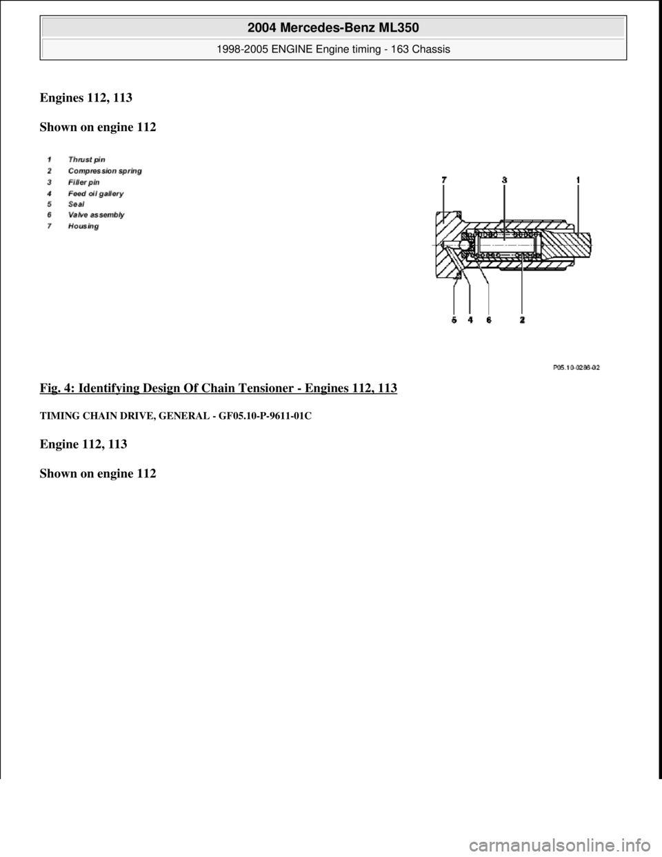 MERCEDES-BENZ ML430 1997  Complete Repair Manual Engines 112, 113    
Shown on engine 112     
Fig. 4: Identifying Desi  gn Of Chain Tensioner 
- Engines 112, 113 
TIMING CHAIN DRIVE,  GENERAL - GF05.10-P-9611-01C 
Engine 112, 113   
Shown on engine