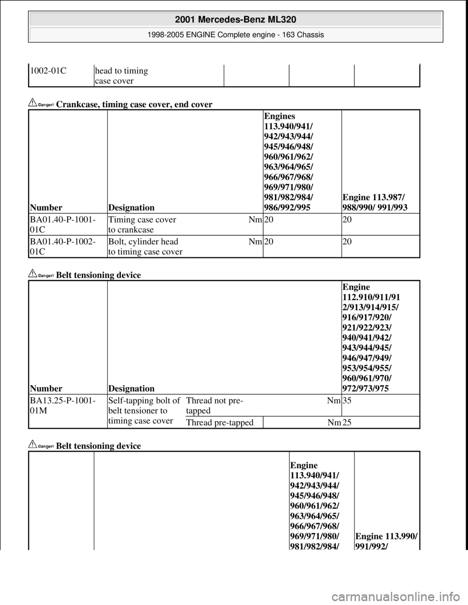 MERCEDES-BENZ ML430 1997 Complete Repair Manual Crankcase, timing case cover, end cover
Belt tensioning device
Belt tensioning device
1002-01Chead to timing
case cover
NumberDesignation
Engines
113.940/941/
942/943/944/
945/946/ MERCEDES-BENZ ML430 1997 Complete Repair Manual Crankcase, timing case cover, end cover
Belt tensioning device
Belt tensioning device
1002-01Chead to timing
case cover
NumberDesignation
Engines
113.940/941/
942/943/944/
945/946/