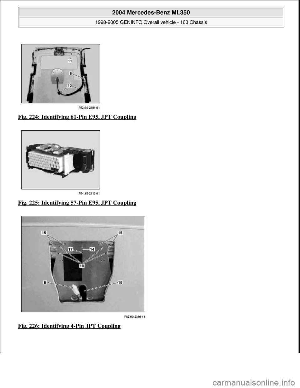 MERCEDES-BENZ ML430 1997  Complete Repair Manual Fig. 224: Identifying 61-Pin E95, JPT Coupling  
Fig. 225: Identifying 57
-Pin E95, JPT Coupling  
Fig. 226: Identifying 4
-Pin JPT Coupling
 
2004 Mercedes-Benz ML350 
1998-2005 GENINFO Overall vehic
