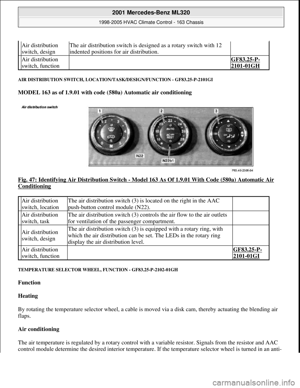 MERCEDES-BENZ ML430 1997 Complete Repair Manual AIR DISTRIBUTION SWITCH, LOCATION/TASK/DESIGN/FUNCTION - GF83.25-P-2101GI
MODEL 163 as of 1.9.01 with code (580a) Automatic air conditioning
Fig. 47: Identifying Air Distribution Switch
- Model 16 MERCEDES-BENZ ML430 1997 Complete Repair Manual AIR DISTRIBUTION SWITCH, LOCATION/TASK/DESIGN/FUNCTION - GF83.25-P-2101GI
MODEL 163 as of 1.9.01 with code (580a) Automatic air conditioning
Fig. 47: Identifying Air Distribution Switch
- Model 16