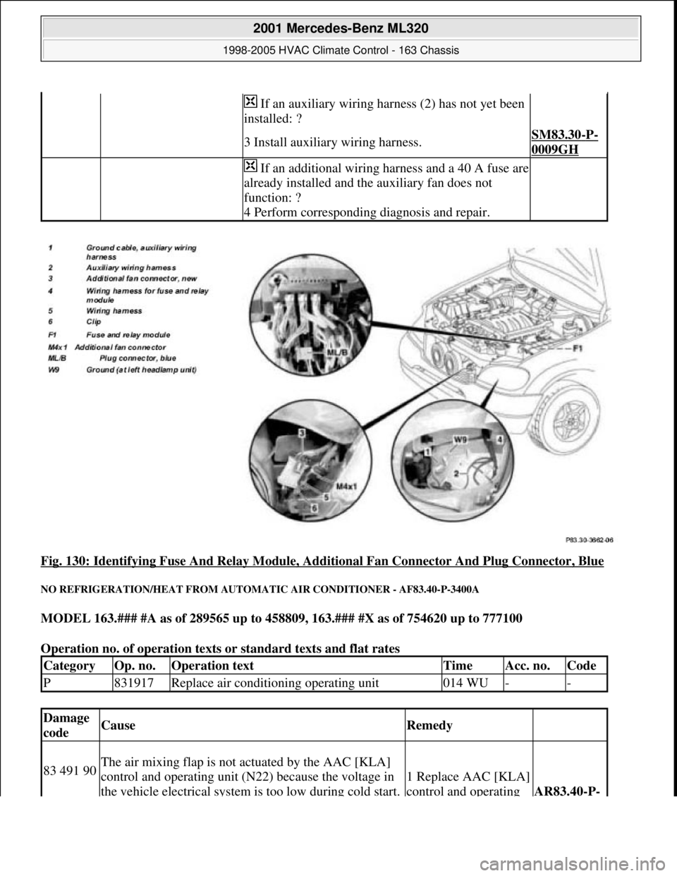 MERCEDES-BENZ ML430 1997  Complete Repair Manual Fig. 130: Identifying Fuse And Relay Module, Additional Fan Connector And Plug Connector, Blue 
NO REFRIGERATION/HEAT FROM AUTOMATIC AIR CONDITIONER - AF83.40-P-3400A 
MODEL 163.### #A as of 289565 up