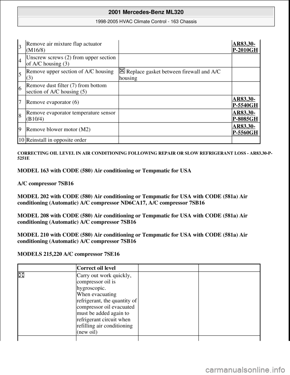 MERCEDES-BENZ ML430 1997  Complete Repair Manual CORRECTING OIL LEVEL IN AIR CONDITIONING FOLLOWING REPAIR OR SLOW REFRIGERANT LOSS - AR83.30-P-
5251E 
MODEL 163 with CODE (580) Air conditioning or Tempmatic for USA  
A/C compressor 7SB16  
MODEL 20