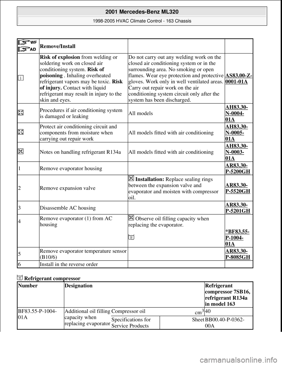 MERCEDES-BENZ ML430 1997  Complete Repair Manual  Refrigerant compressor 
 
 Remove/Install  
 
Risk of explosion from welding or 
soldering work on closed air 
conditioning system. Risk of 
poisoning . Inhaling overheated 
refrigerant vapors may be