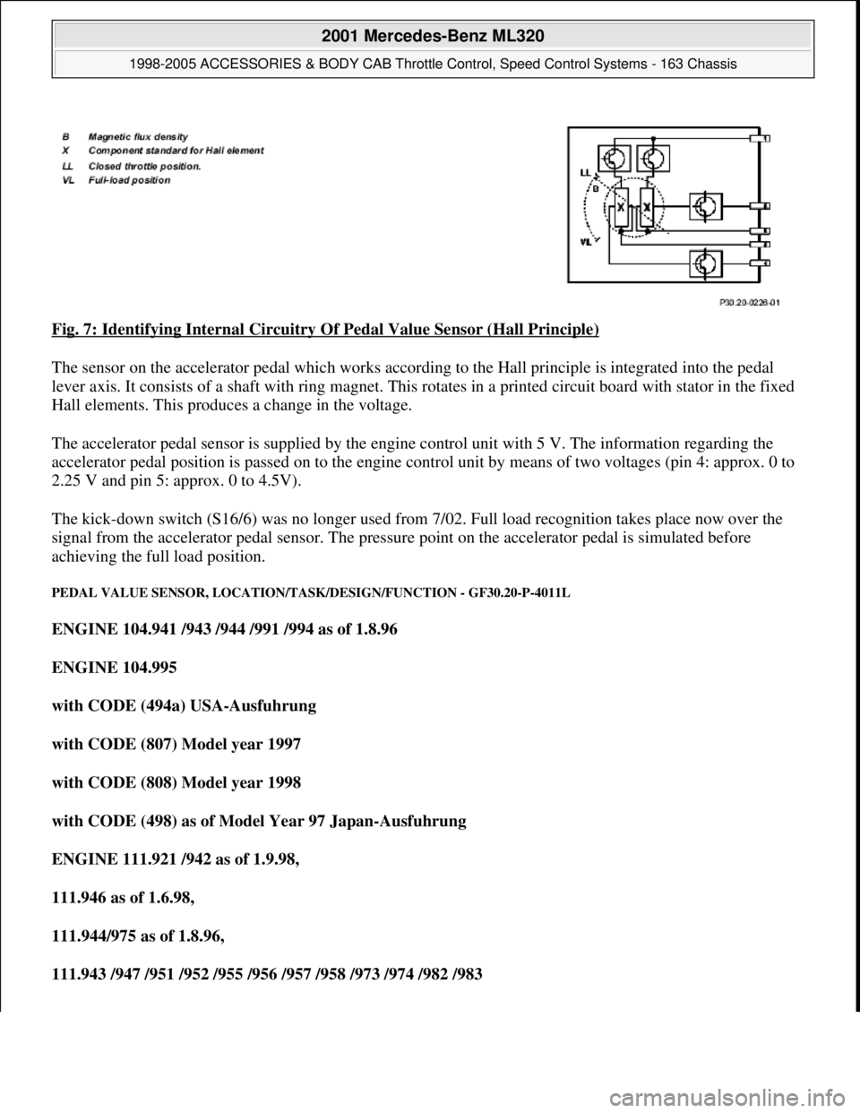 MERCEDES-BENZ ML430 1997 Complete Repair Manual Fig. 7: Identifying Internal Circuitry Of Pedal Value Sensor (Hall Principle)
The sensor on the accelerator pedal which works according to the Hall principle is integrated into the pedal
lever axis. MERCEDES-BENZ ML430 1997 Complete Repair Manual Fig. 7: Identifying Internal Circuitry Of Pedal Value Sensor (Hall Principle)
The sensor on the accelerator pedal which works according to the Hall principle is integrated into the pedal
lever axis.