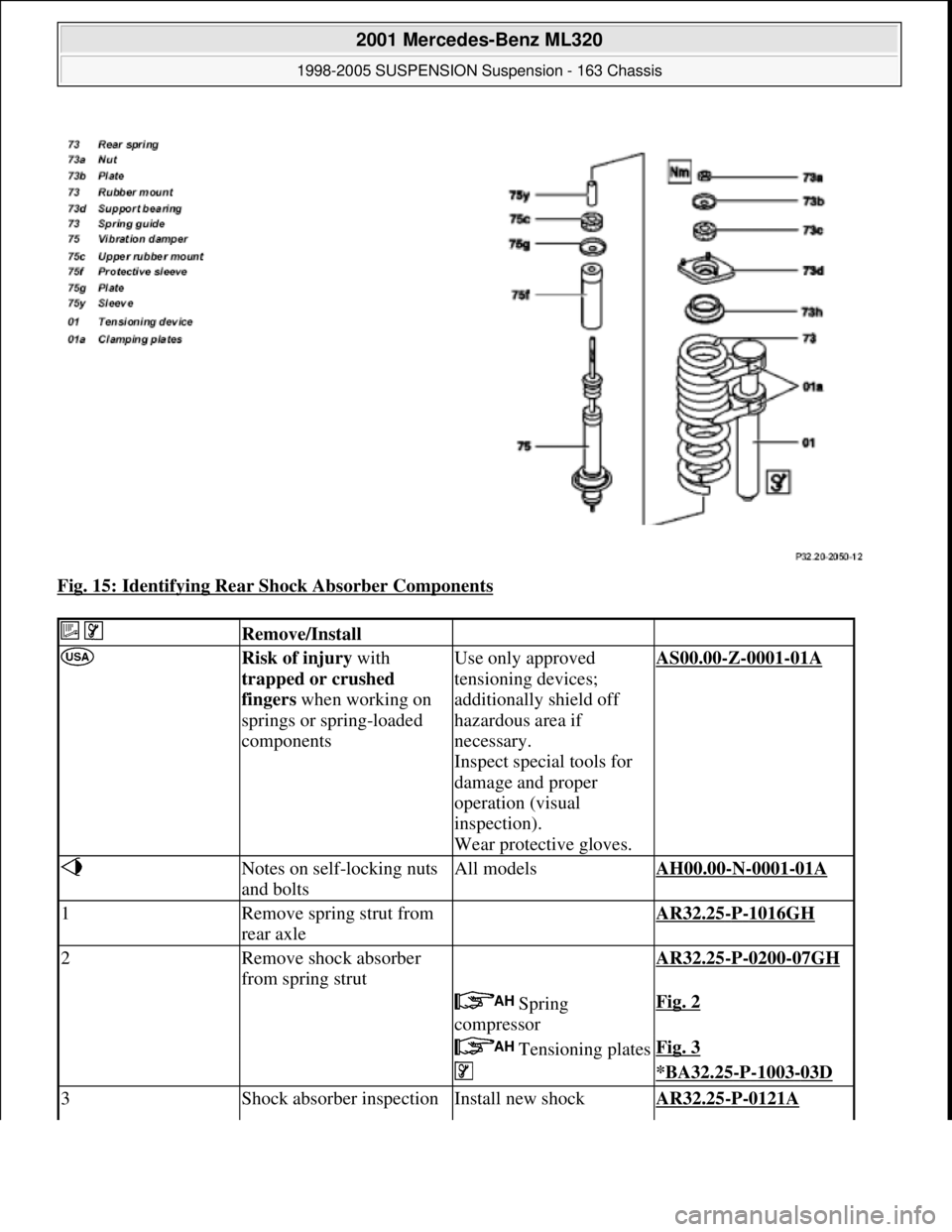 MERCEDES-BENZ ML430 1997  Complete Repair Manual Fig. 15: Identifying Rear Shock Absorber Components 
  Remove/Install   
 Risk of injury with 
trapped or crushed 
fingers when working on 
springs or spring-loaded 
componentsUse only approved 
tensi