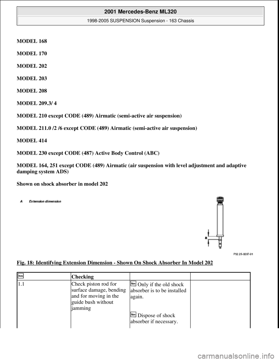 MERCEDES-BENZ ML430 1997  Complete Repair Manual MODEL 168  
MODEL 170  
MODEL 202  
MODEL 203  
MODEL 208  
MODEL 209.3/ 4  
MODEL 210 except CODE (489) Airmatic (semi-active air suspension)  
MODEL 211.0 /2 /6 except CODE (489) Airmatic (semi-acti
