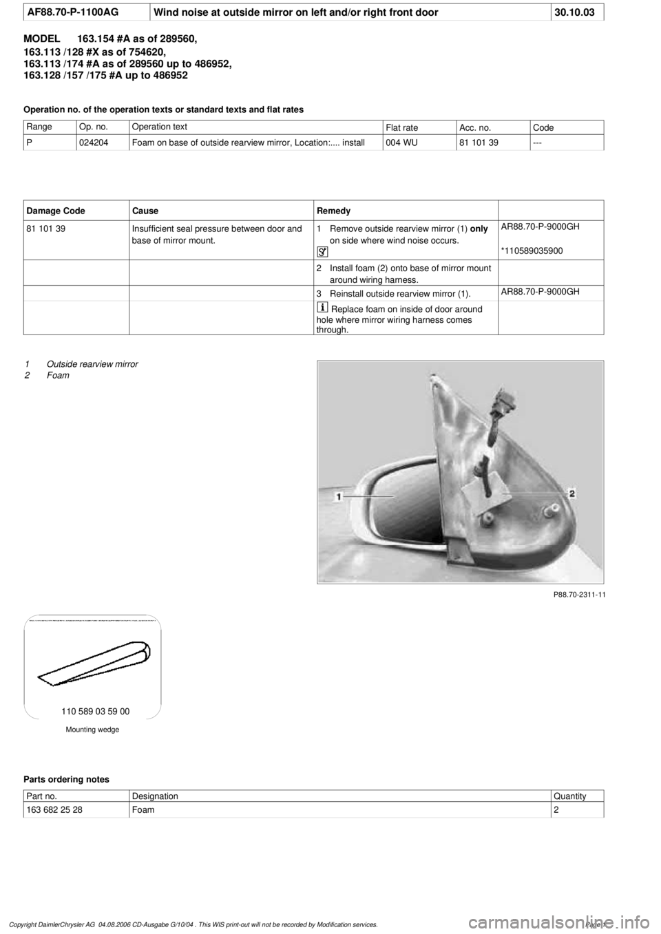 MERCEDES-BENZ ML430 1997 Complete Repair Manual
AF88.70-P-1100AG
Wind noise at outside mirror on left and/or right front door
30.10.03
MODEL
163.154 #A as of 289560,
163.113 /128 #X as of 754620,
163.113 /174 #A as of 289560 up to 486952,
MERCEDES-BENZ ML430 1997 Complete Repair Manual
AF88.70-P-1100AG
Wind noise at outside mirror on left and/or right front door
30.10.03
MODEL
163.154 #A as of 289560,
163.113 /128 #X as of 754620,
163.113 /174 #A as of 289560 up to 486952,