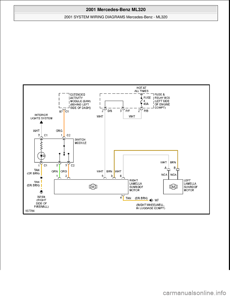 MERCEDES-BENZ ML430 1997  Complete Repair Manual  
2001 Mercedes-Benz ML320 
2001 SYSTEM WIRING DIAGRAMS  Mercedes-Benz - ML320  
me  
Saturday, October 02, 2010 3:28:00 PMPage 96 © 2006 Mitchell Repair Information Company, LLC.  