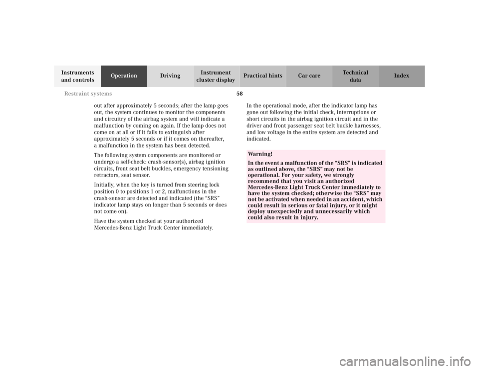 MERCEDES-BENZ ML500 1997  Complete Repair Manual 58 Restraint systems
Te ch n ica l
data Instruments 
and controlsOperationDrivingInstrument 
cluster displayPractical hints Car care Index
out after approximately 5 seconds; after the lamp goes 
out, 
