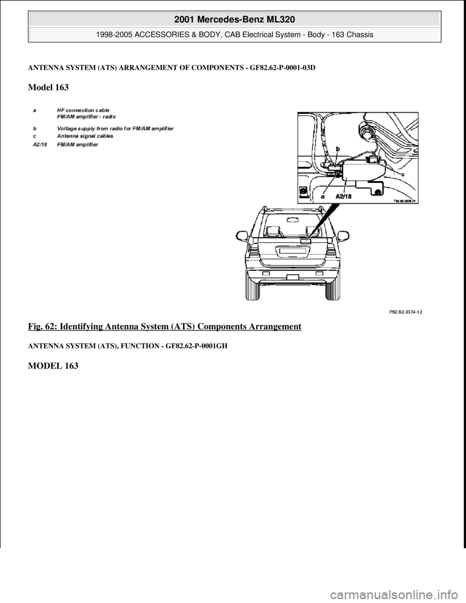 MERCEDES-BENZ ML500 1997  Complete Repair Manual ANTENNA SYSTEM (ATS) ARRANGEMENT OF COMPONENTS - GF82.62-P-0001-03D
Model 163  
Fig. 62: Identifying Antenna System (ATS) Components Arrangement
 
ANTENNA SYSTEM (ATS), FUNCTION - GF82.62-P-0001GH 
MO