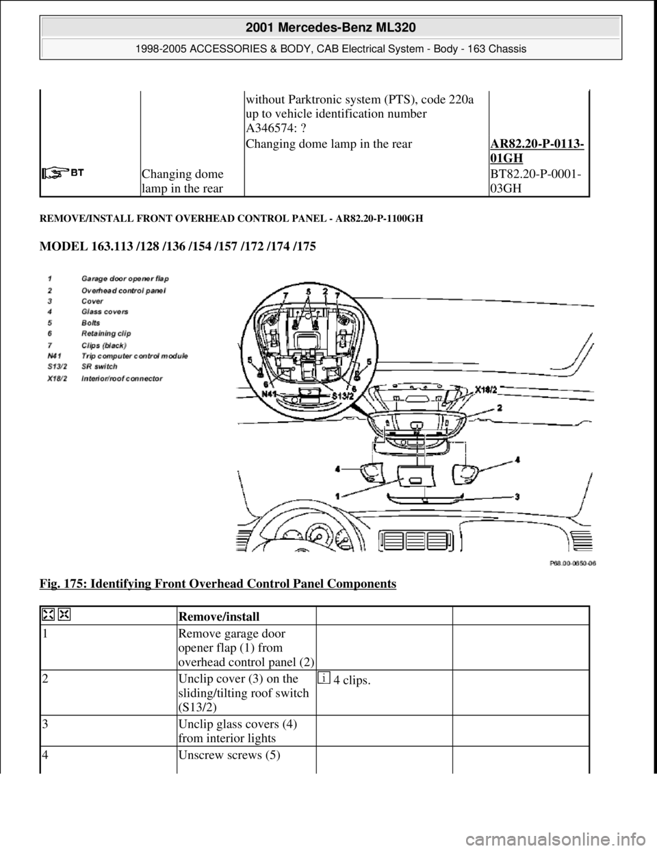 MERCEDES-BENZ ML500 1997  Complete Repair Manual REMOVE/INSTALL FRONT OVERHEAD CONTROL PANEL - AR82.20-P-1100GH 
MODEL 163.113 /128 /136 /154 /157 /172 /174 /175  
Fig. 175: Identifying Front Overhead Control Panel Components
 
without Parktronic sy
