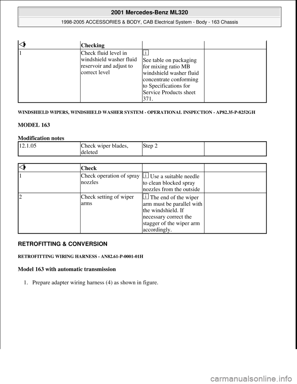 MERCEDES-BENZ ML500 1997  Complete Repair Manual WINDSHIELD WIPERS, WINDSHIELD WASHER SYSTEM - OPERATIONAL INSPECTION - AP82.35-P-8252GH 
MODEL 163  
Modification notes 
RETROFITTING & CONVERSION 
RETROFITTING WIRING HARNESS - AN82.61-P-0001-01H 
Mo