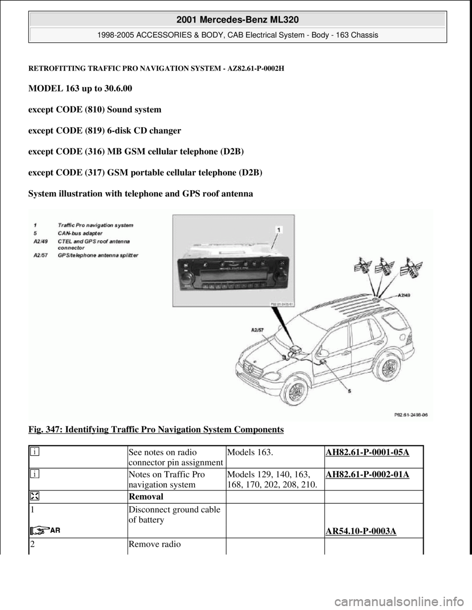 MERCEDES-BENZ ML500 1997  Complete Repair Manual RETROFITTING TRAFFIC PRO NAVIGATION SYSTEM - AZ82.61-P-0002H
MODEL 163 up to 30.6.00  
except CODE (810) Sound system  
except CODE (819) 6-disk CD changer  
except CODE (316) MB GSM cellular telephon