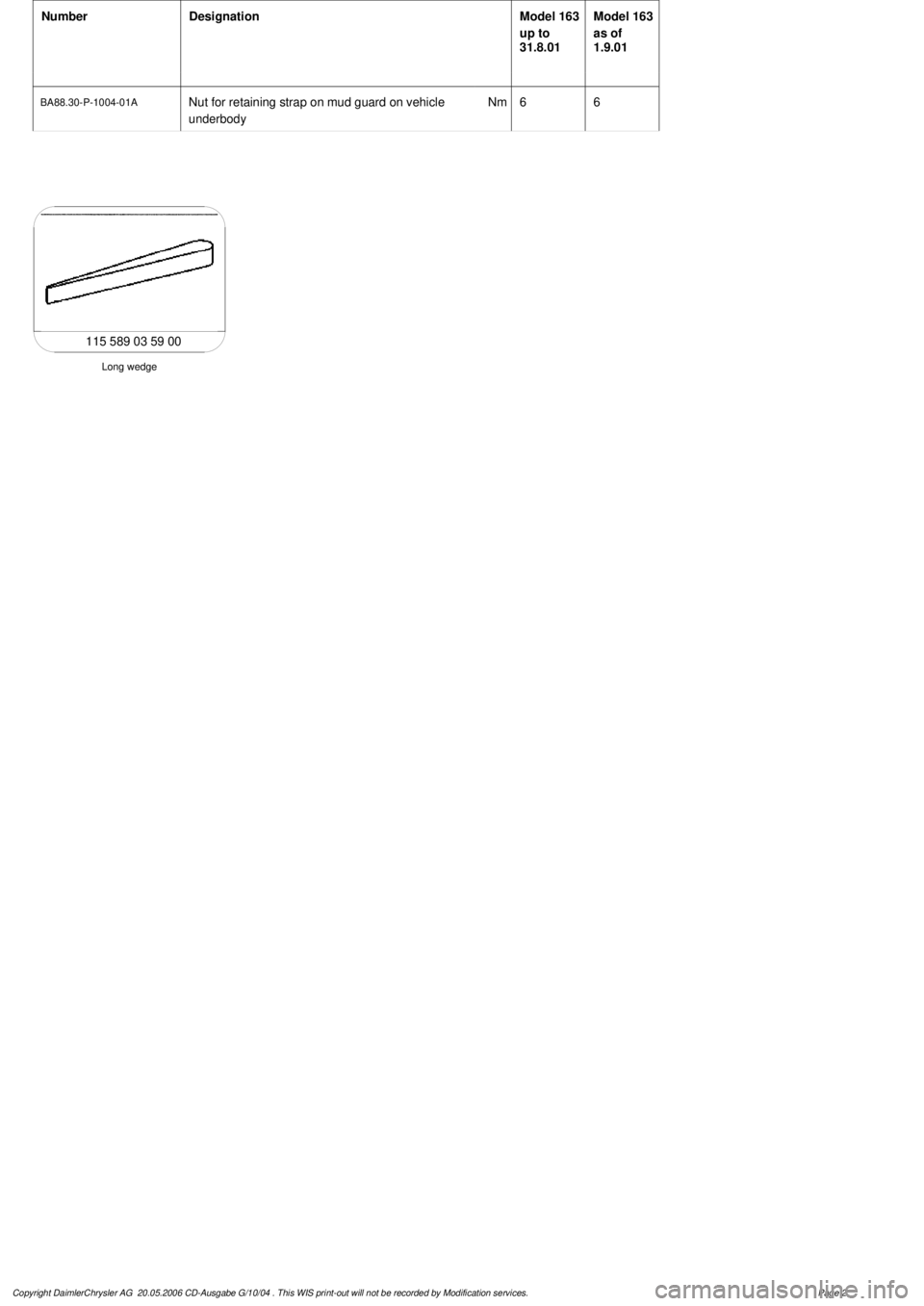 MERCEDES-BENZ ML500 1997  Complete Repair Manual 
 Number
Designation
Model 163 

up to 

31.8.01
Model 163 

as of 

1.9.01

BA88.30-P-1004-01A
Nut for retaining strap on mud guard on vehicle 

underbody 
Nm
66

Long wedge

115 589 03 59 00

Copyri