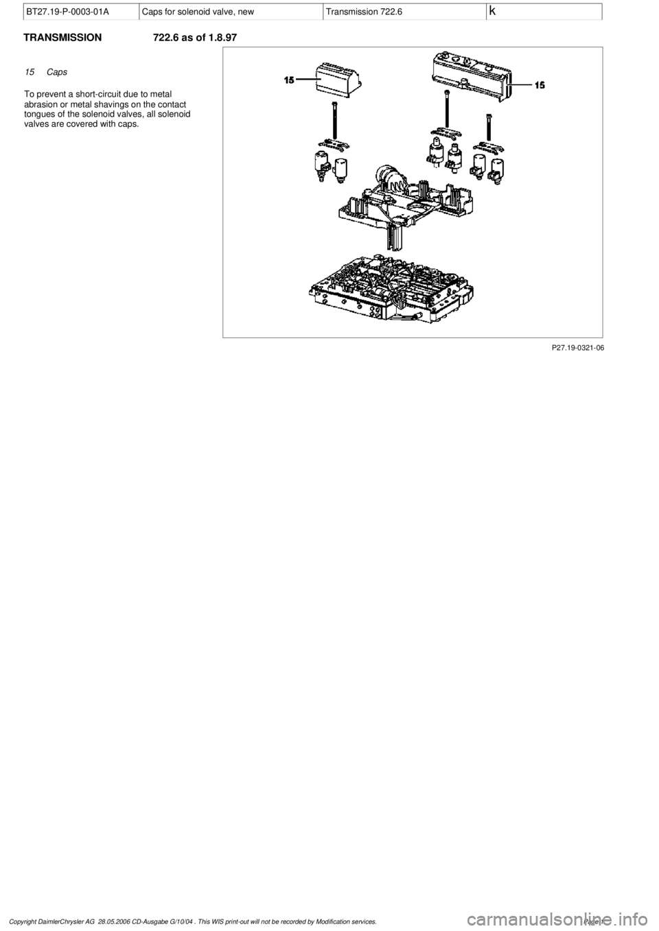 MERCEDES-BENZ ML500 1997  Complete Repair Manual 
 BT27.19-P-0003-01A
Caps for solenoid valve, new
Transmission 722.6
 k
 
TRANSMISSION 
722.6 as of 1.8.97

P27.19-0321-06

15
Caps

To prevent a short-circuit due to metal 

abrasion or metal shaving