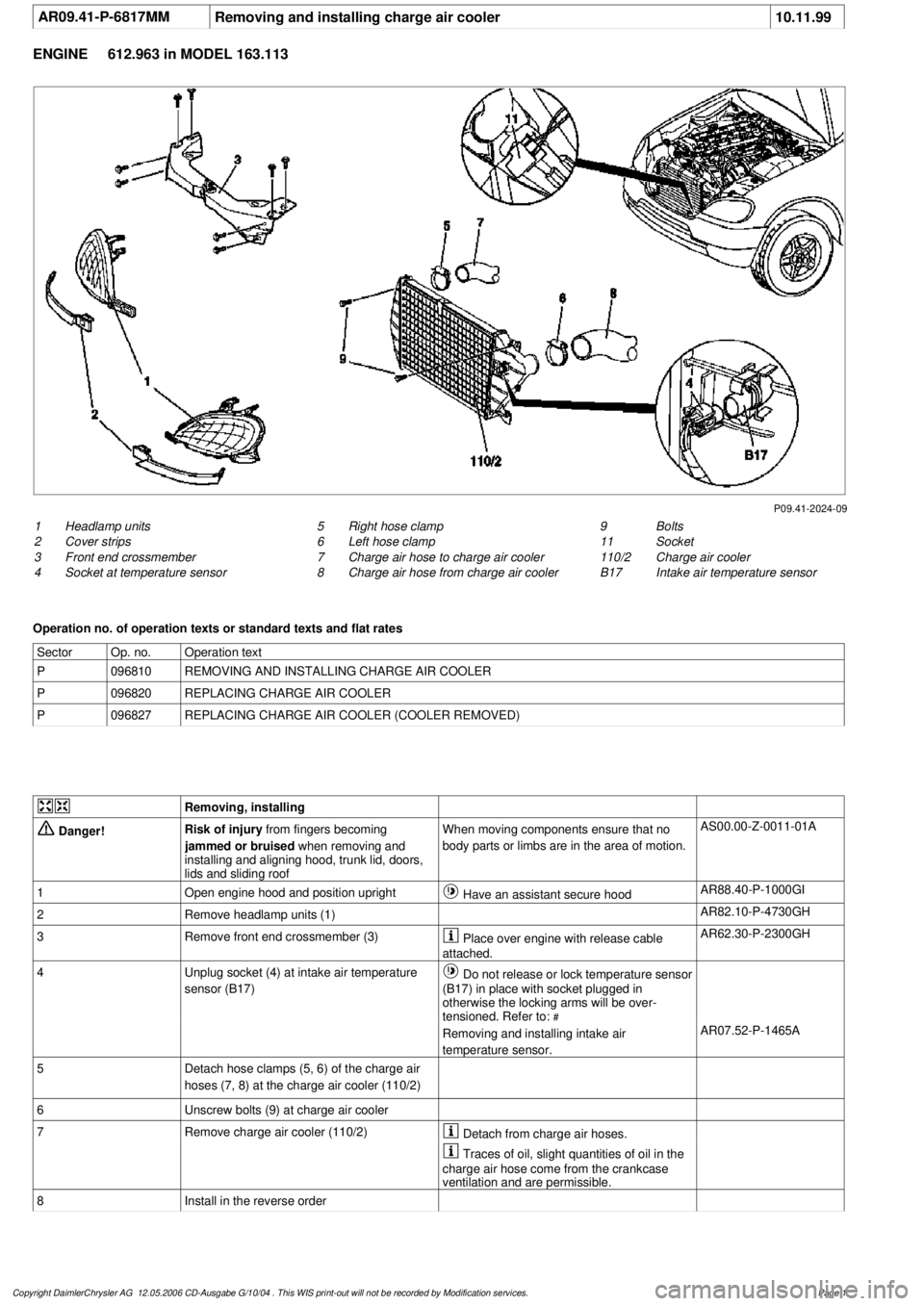 MERCEDES-BENZ ML500 1997 Complete Repair Manual
AR09.41-P-6817MM
Removing and installing charge air cooler
10.11.99
ENGINE
612.963 in MODEL 163.113
P09.41-2024-09
1
Headlamp units
2
Cover strips
3
Front end crossmember
4
Socket at tempe MERCEDES-BENZ ML500 1997 Complete Repair Manual
AR09.41-P-6817MM
Removing and installing charge air cooler
10.11.99
ENGINE
612.963 in MODEL 163.113
P09.41-2024-09
1
Headlamp units
2
Cover strips
3
Front end crossmember
4
Socket at tempe