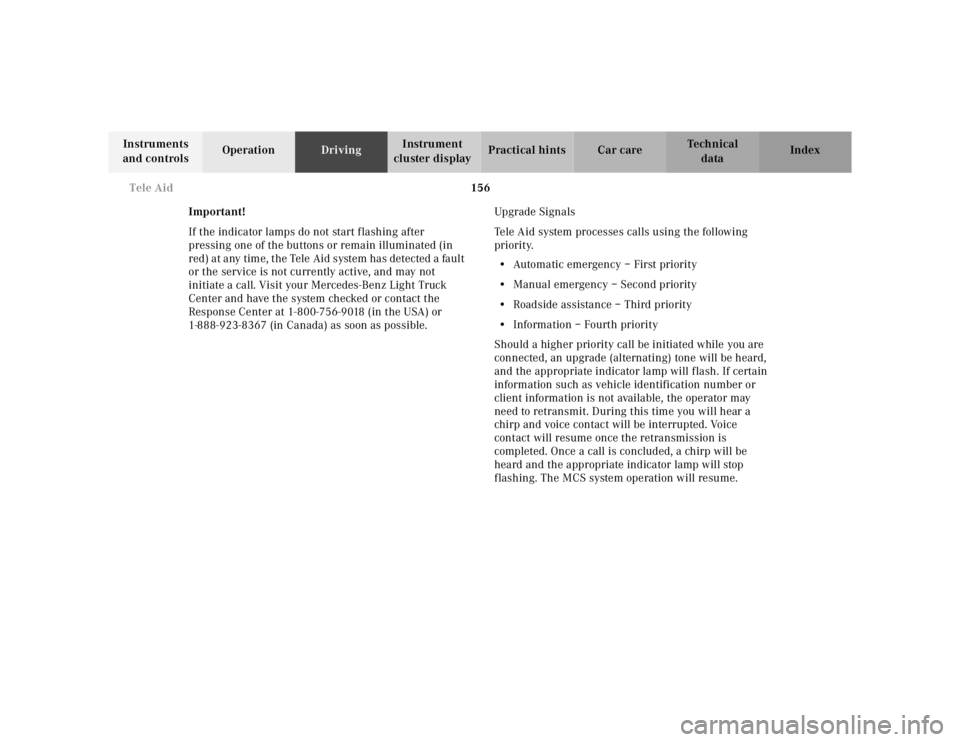 MERCEDES-BENZ ML500 1997  Complete Repair Manual 156 Tele Aid
Te ch n ica l
data Instruments 
and controlsOperationDrivingInstrument 
cluster displayPractical hints Car care Index
Important!
If the indicator lamps do not start flashing after 
pressi