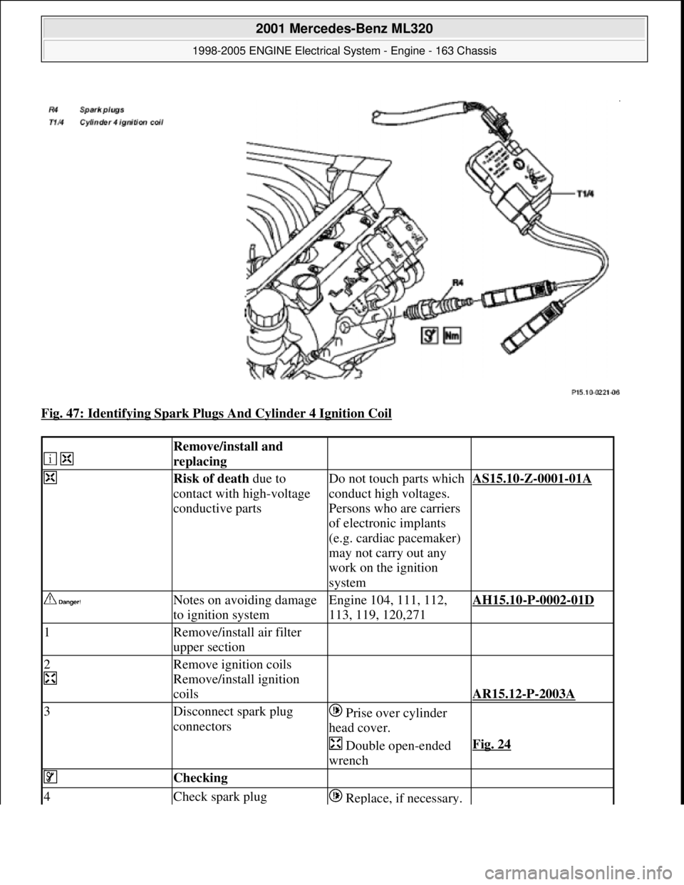 MERCEDES-BENZ ML500 1997  Complete Repair Manual Fig. 47: Identifying Spark Plugs And Cylinder 4 Ignition Coil 
  
Remove/install and 
replacing
  
 Risk of death due to 
contact with high-voltage 
conductive partsDo not touch parts which 
conduct h