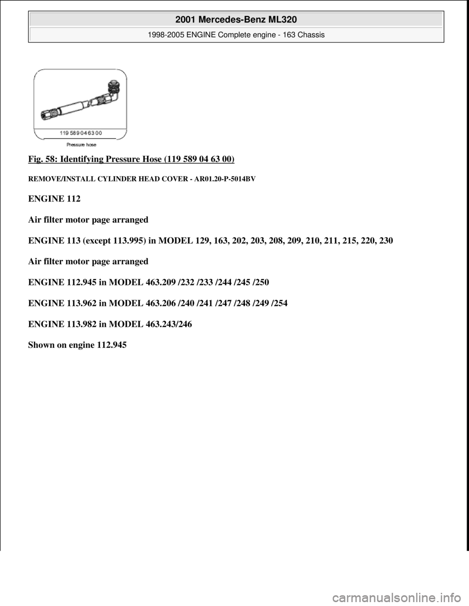 MERCEDES-BENZ ML500 1997  Complete Repair Manual Fig. 58: Identifying Pressure Hose (119 589 04 63 00) 
REMOVE/INSTALL CY LINDER HEAD COVER - AR01.20-P-5014BV 
ENGINE 112   
Air filter motor page arranged     
ENGINE 113 (except 113.995) in MODEL 12