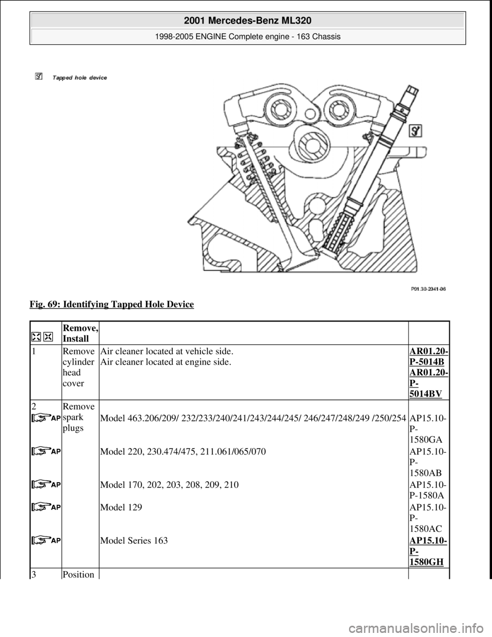 MERCEDES-BENZ ML500 1997  Complete Repair Manual Fig. 69: Identifying Tapped Hole Device 
  
Remove,  
Install 
  
1Remove  
cylinder  
head  
coverAir cleaner located   at vehicle side.  
Air cleaner located at engine side.AR01.20-
P-5014B
AR01.20-