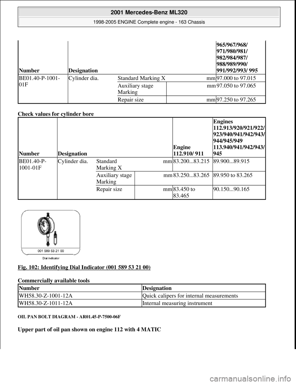 MERCEDES-BENZ ML500 1997  Complete Repair Manual Check values for cylinder bore   
Fig. 102: Identifying Dial Indicator (001 589 53 21 00)
  
Commercially available tools   
OIL PAN BOLT DIAGRAM - AR01.45-P-7500-06F 
Upper part of oil pan shown on e