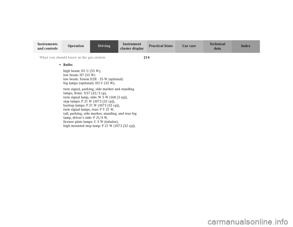 MERCEDES-BENZ ML500 1997  Complete Repair Manual 214 What you should know at the gas station
Te ch n ica l
data Instruments 
and controlsOperationDrivingInstrument 
cluster displayPractical hints Car care Index
•Bulbs
high beam: H1 U (55 W),
low b