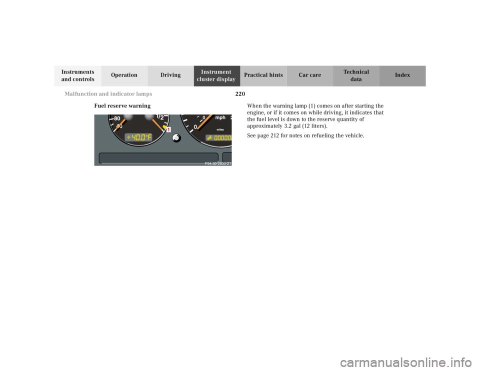 MERCEDES-BENZ ML500 1997  Complete Repair Manual 220 Malfunction and indicator lamps
Te ch n ica l
data Instruments 
and controlsOperation DrivingInstrument 
cluster displayPractical hints Car care Index
Fuel reserve warningWhen the warning lamp (1)