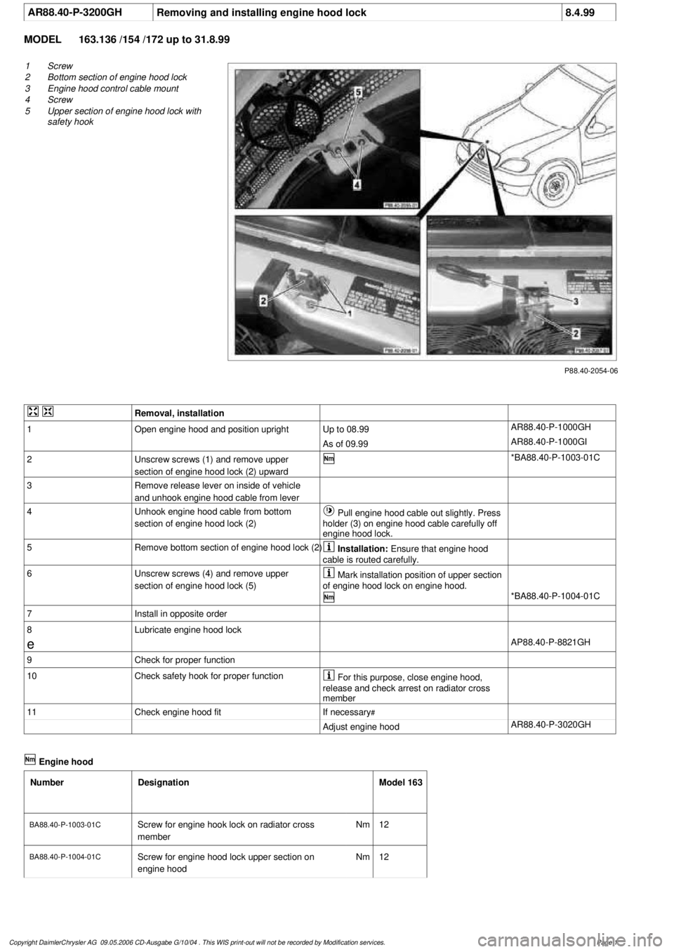 MERCEDES-BENZ ML500 1997  Complete Repair Manual 
 AR88.40-P-3200GH
Removing and installing engine hood lock
8.4.99

MODEL 
163.136 /154 /172 up to 31.8.99

P88.40-2054-06

1
Screw

2
 Bottom section of engine hood lock

3
 Engine hood control cable