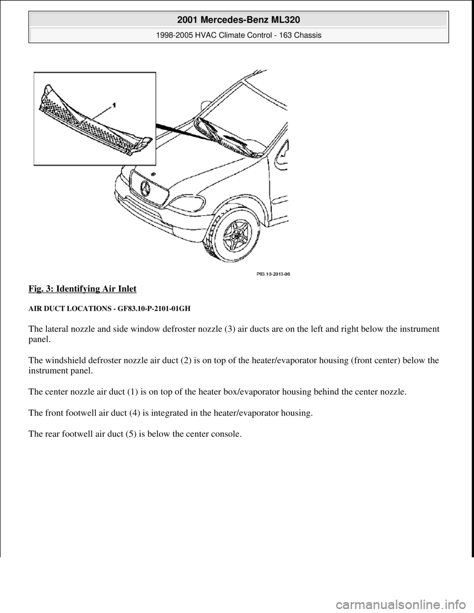 MERCEDES-BENZ ML500 1997  Complete Repair Manual Fig. 3: Identifying Air Inlet 
AIR DUCT LOCATIONS - GF83.10-P-2101-01GH 
The lateral nozzle and side window defroster nozzle (3) air ducts are on the left and right below the instrument 
panel. 
The w