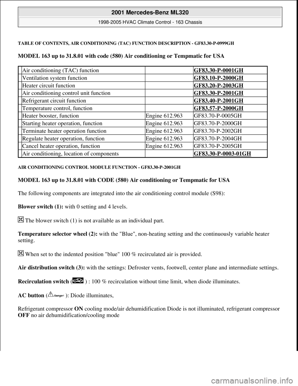 MERCEDES-BENZ ML500 1997  Complete Repair Manual TABLE OF CONTENTS, AIR CONDITIONING (TAC) FUNCTION DESCRIPTION - GF83.30-P-0999GH 
MODEL 163 up to 31.8.01 with code (580) Air conditioning or Tempmatic for USA  
AIR CONDITIONING CONTROL MODULE FUNCT