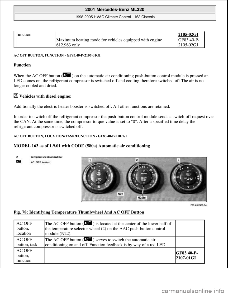 MERCEDES-BENZ ML500 1997  Complete Repair Manual AC OFF BUTTON, FUNCTION - GF83.40-P-2107-01GI 
Function  
When the AC OFF button (  ) on the automatic air conditioning push-button control module is pressed an 
LED comes on, the refrigerant compress