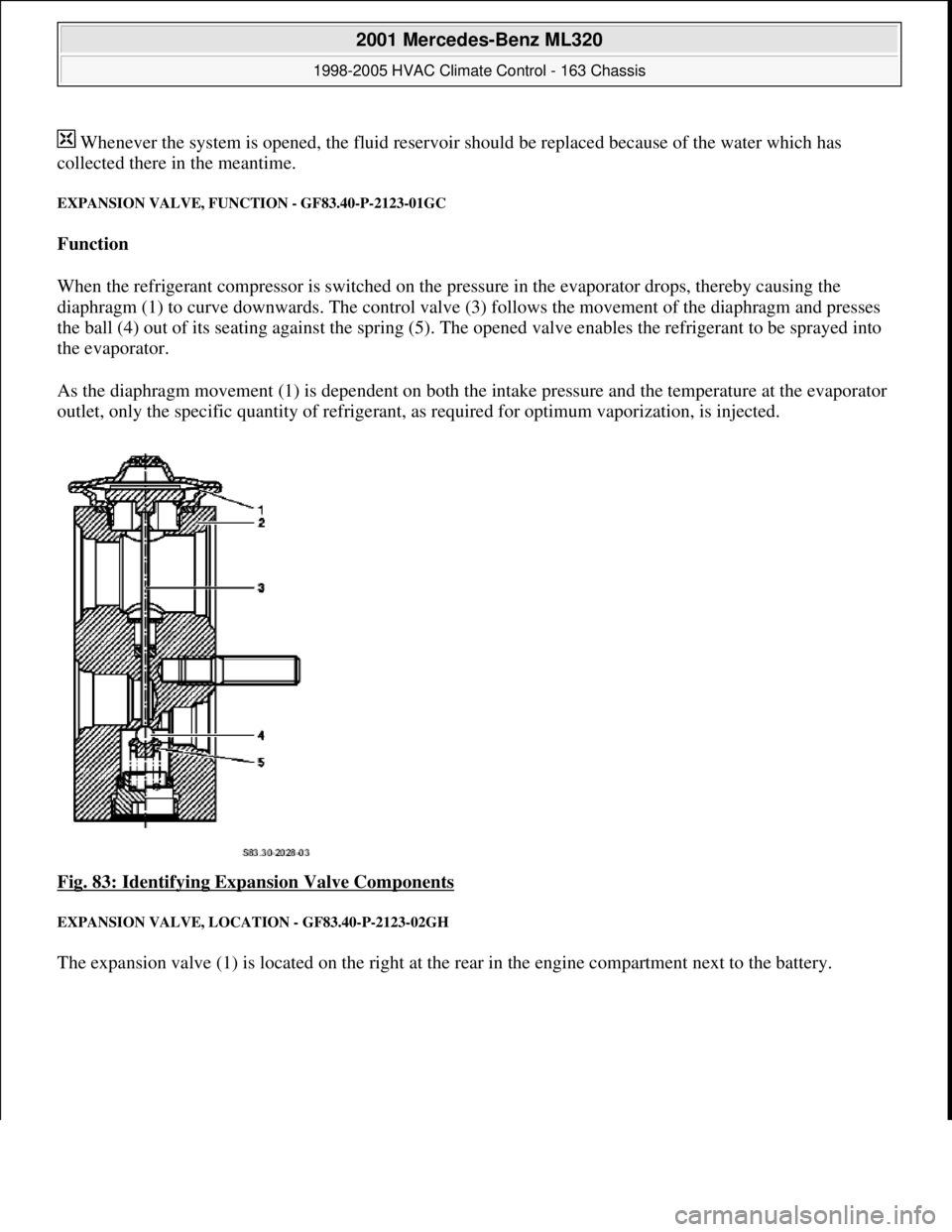 MERCEDES-BENZ ML500 1997 Complete Repair Manual Whenever the system is opened, the fluid reservoir should be replaced because of the water which has
collected there in the meantime.
EXPANSION VALVE, FUNCTION - GF83.40-P-2123-01GC
Function
Whe MERCEDES-BENZ ML500 1997 Complete Repair Manual Whenever the system is opened, the fluid reservoir should be replaced because of the water which has
collected there in the meantime.
EXPANSION VALVE, FUNCTION - GF83.40-P-2123-01GC
Function
Whe