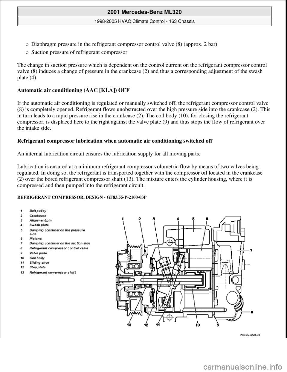 MERCEDES-BENZ ML500 1997  Complete Repair Manual Diaphragm pressure in the refrigerant compressor control valve (8) (approx. 2 bar)  
Suction pressure of refrigerant compressor  
The change in suction pressure which is dependent on the control