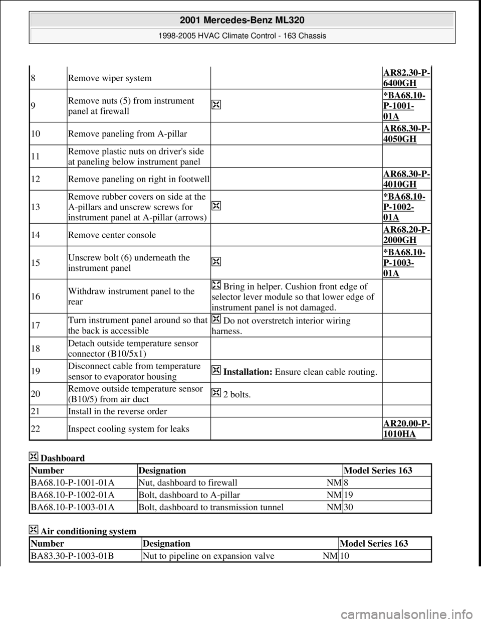 MERCEDES-BENZ ML500 1997 Complete Repair Manual Dashboard
Air conditioning system
8Remove wiper system AR82.30-P-
6400GH
9Remove nuts (5) from instrument
panel at firewall
*BA68.10-
P-1001-
01A
10Remove paneling from A-pillar AR68.30-P-
4050 MERCEDES-BENZ ML500 1997 Complete Repair Manual Dashboard
Air conditioning system
8Remove wiper system AR82.30-P-
6400GH
9Remove nuts (5) from instrument
panel at firewall
*BA68.10-
P-1001-
01A
10Remove paneling from A-pillar AR68.30-P-
4050