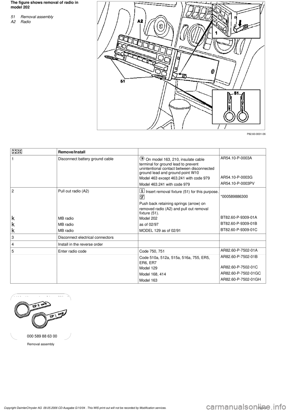 MERCEDES-BENZ ML500 1997 Complete Repair Manual
P82.60-0001-06
The figure shows removal of radio in
model 202
51
Removal assembly
A2
Radio
Remove/Install
1
Disconnect battery ground cable
On model 163, 210, insulate cable
terminal fo MERCEDES-BENZ ML500 1997 Complete Repair Manual
P82.60-0001-06
The figure shows removal of radio in
model 202
51
Removal assembly
A2
Radio
Remove/Install
1
Disconnect battery ground cable
On model 163, 210, insulate cable
terminal fo