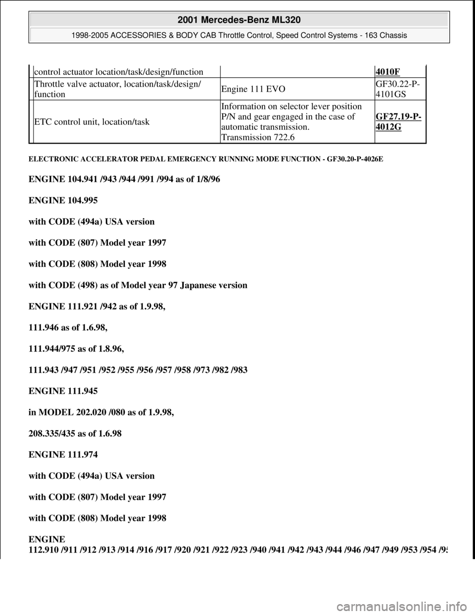 MERCEDES-BENZ ML500 1997 Complete Repair Manual ELECTRONIC ACCELERATOR PEDAL EMERGENCY RUNNING MODE FUNCTION - GF30.20-P-4026E
ENGINE 104.941 /943 /944 /991 /994 as of 1/8/96
ENGINE 104.995
with CODE (494a) USA version
with CODE (807) Model MERCEDES-BENZ ML500 1997 Complete Repair Manual ELECTRONIC ACCELERATOR PEDAL EMERGENCY RUNNING MODE FUNCTION - GF30.20-P-4026E
ENGINE 104.941 /943 /944 /991 /994 as of 1/8/96
ENGINE 104.995
with CODE (494a) USA version
with CODE (807) Model