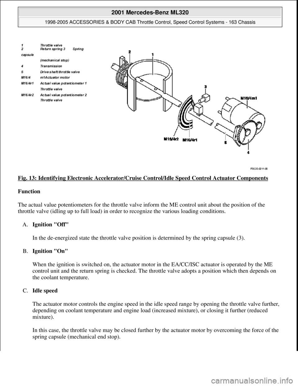 MERCEDES-BENZ ML500 1997  Complete Repair Manual Fig. 13: Identifying Electronic Accelerator/Cruise Control/Idle Speed Control Actuator Components 
Function  
The actual value potentiometers for the throttle valve inform the ME control unit about th