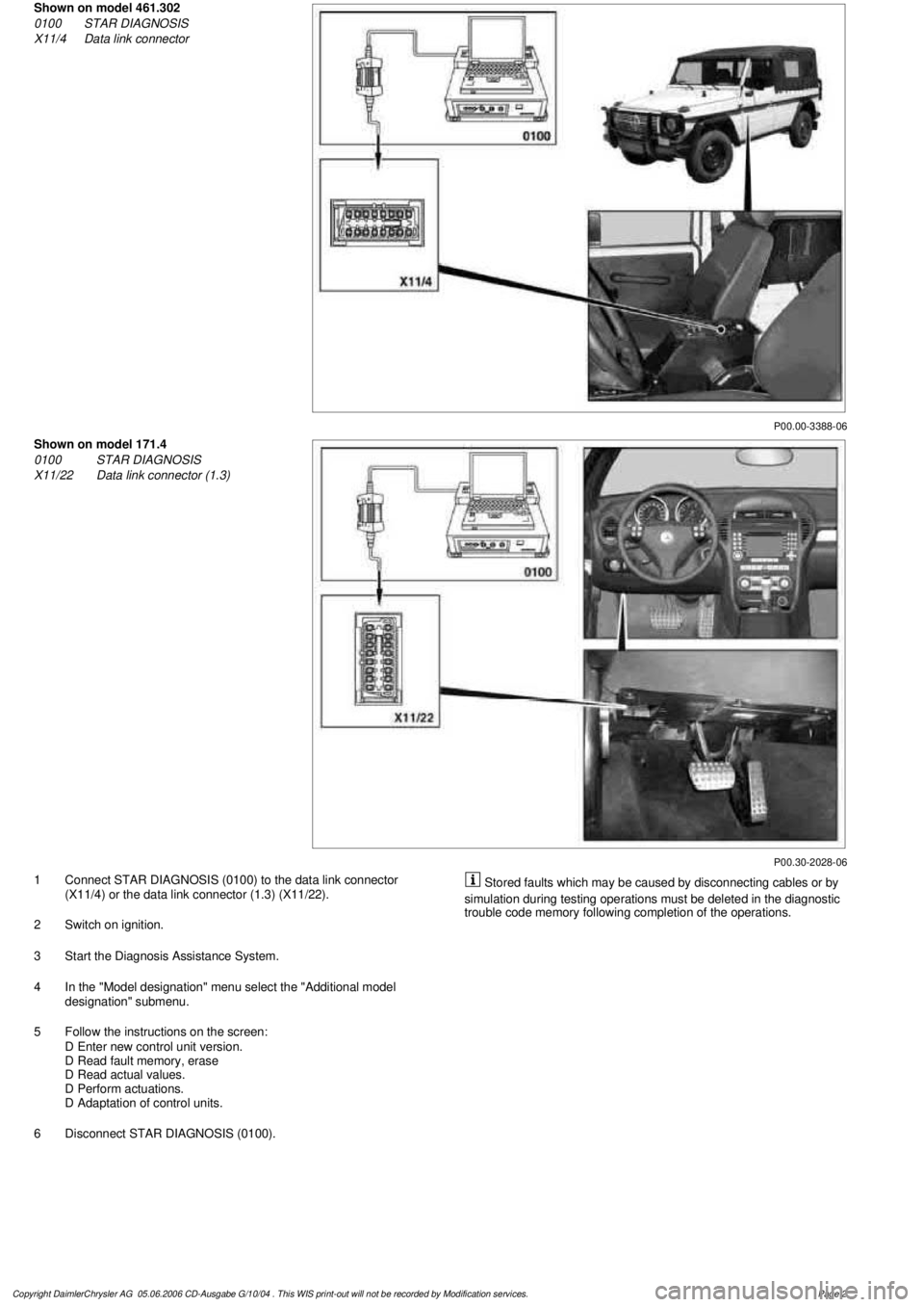 MERCEDES-BENZ ML500 1997  Complete Repair Manual 
 P00.00-3388-06

Shown on model 461.302
0100
 STAR DIAGNOSIS

X11/4
 Data link connector

P00.30-2028-06

Shown on model 171.4

0100
 STAR DIAGNOSIS

X11/22
 Data link connector (1.3)

1
 Connect STA