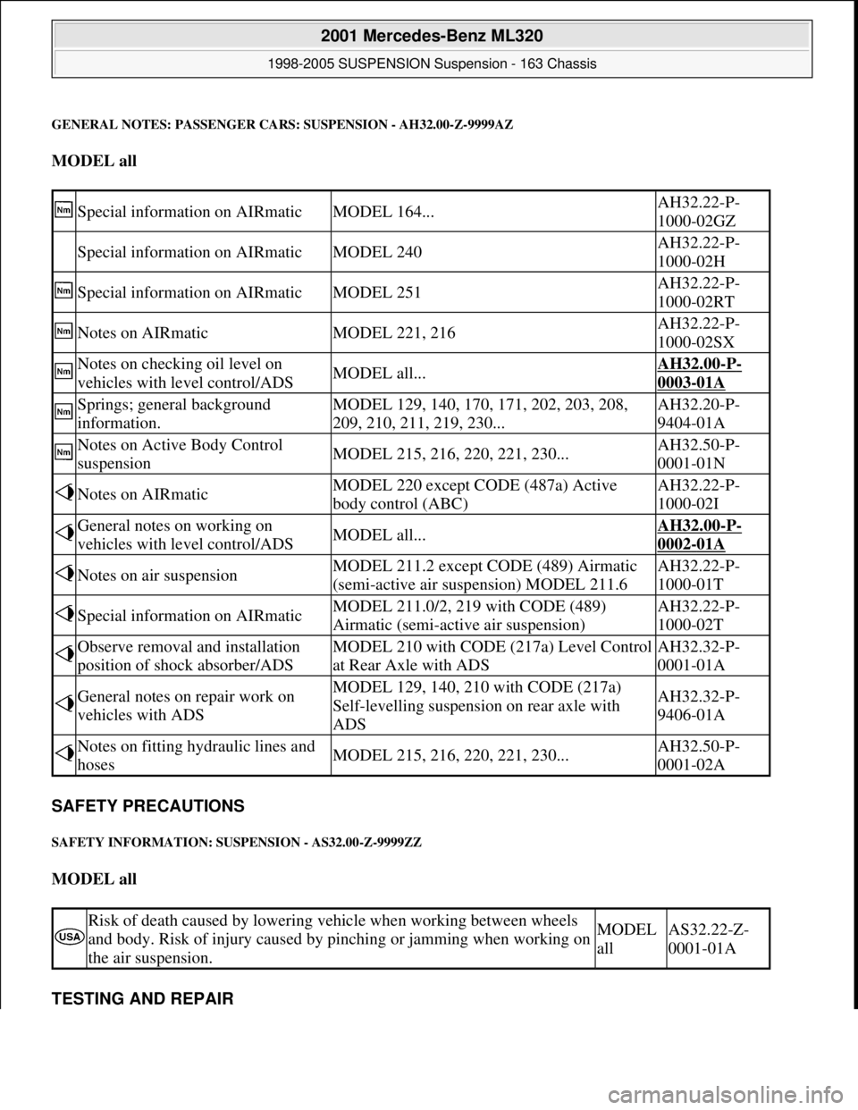 MERCEDES-BENZ ML500 1997 Complete Repair Manual GENERAL NOTES: PASSENGER CARS: SUSPENSION - AH32.00-Z-9999AZ
MODEL all
SAFETY PRECAUTIONS
SAFETY INFORMATION: SUSPENSION - AS32.00-Z-9999ZZ
MODEL all
TESTING AND REPAIR
Special information on MERCEDES-BENZ ML500 1997 Complete Repair Manual GENERAL NOTES: PASSENGER CARS: SUSPENSION - AH32.00-Z-9999AZ
MODEL all
SAFETY PRECAUTIONS
SAFETY INFORMATION: SUSPENSION - AS32.00-Z-9999ZZ
MODEL all
TESTING AND REPAIR
Special information on
